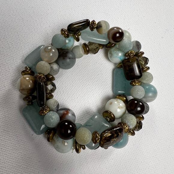 Handmade Beaded Bracelet Trio Earthy Color Theme Mixed Metal Beads Browns Blues - Picture 2 of 6